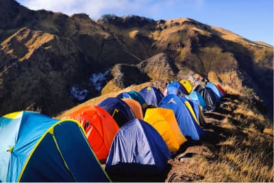 Tenda-tenda berjajar di lereng bukit saat fajar dengan kabut tipis dan siluet pegunungan di kejauhan