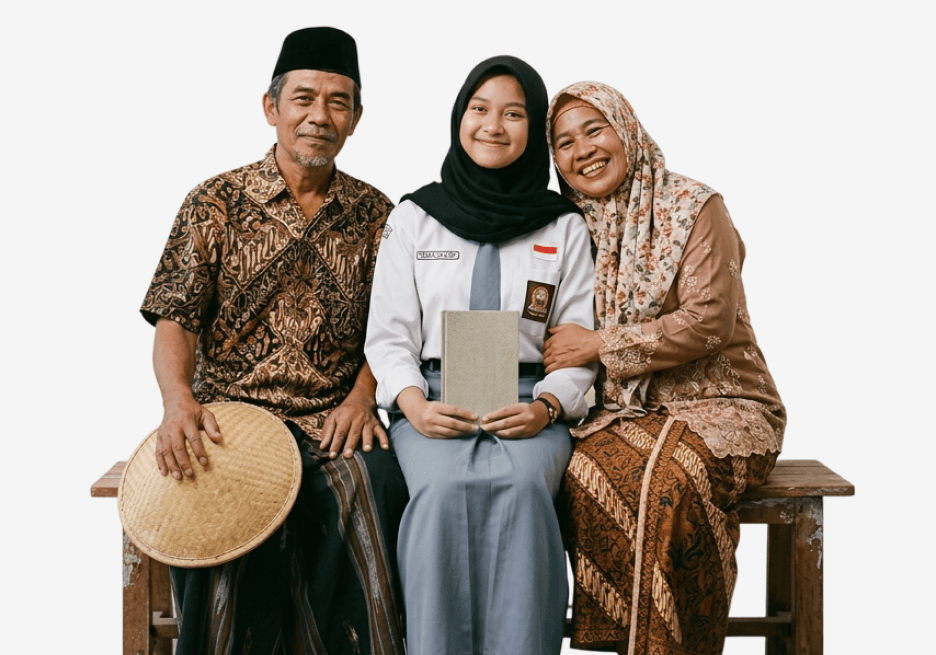 Peserta program Live In bersama keluarga angkat mengenakan pakaian tradisional Indonesia