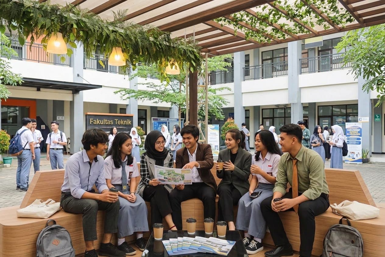 Rombongan pelajar berseragam berjalan di area kampus universitas pada siang hari
