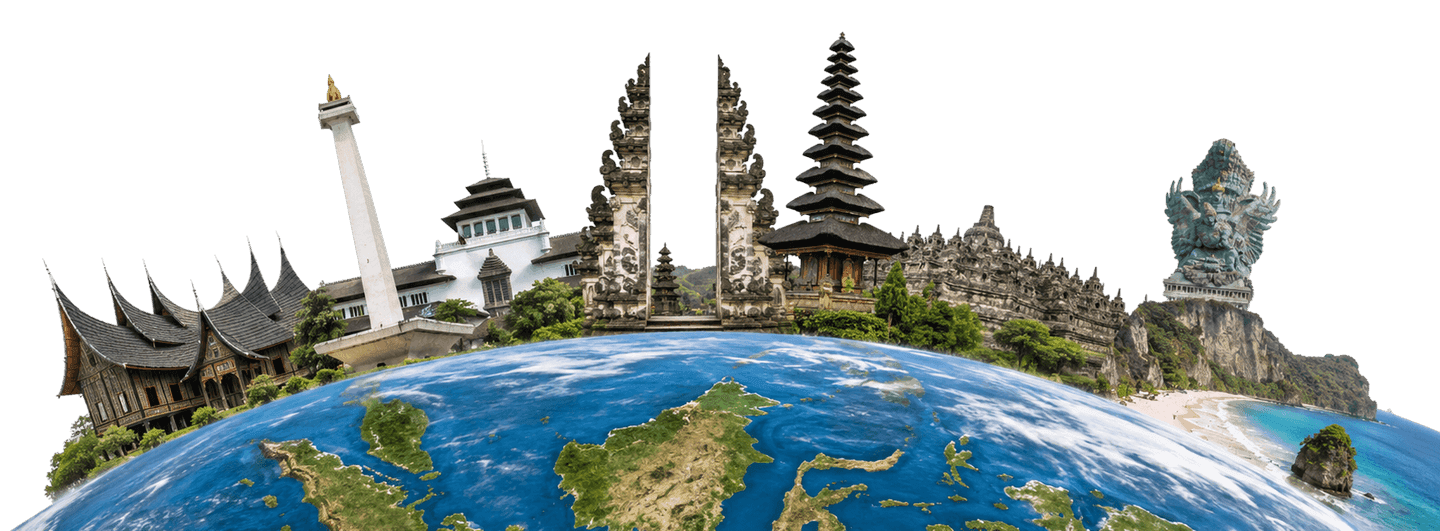 Bola dunia raksasa yang menampilkan kepulauan Indonesia dengan deretan ikon wisata nusantara di atasnya, mulai dari Rumah Gadang, Monas, Gedung Sate, Pura Lempuyang, Pura Ulun Danu, Candi Borobudur, hingga patung Garuda Wisnu Kencana